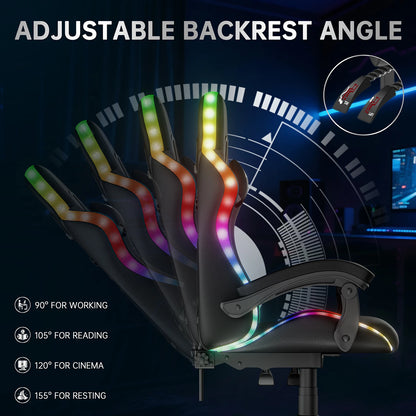 RGB Gaming Chair LED Lights and Ergonomic Computer Chair Reclining PU Leather High Back Video Game Chair Linkage Armrest