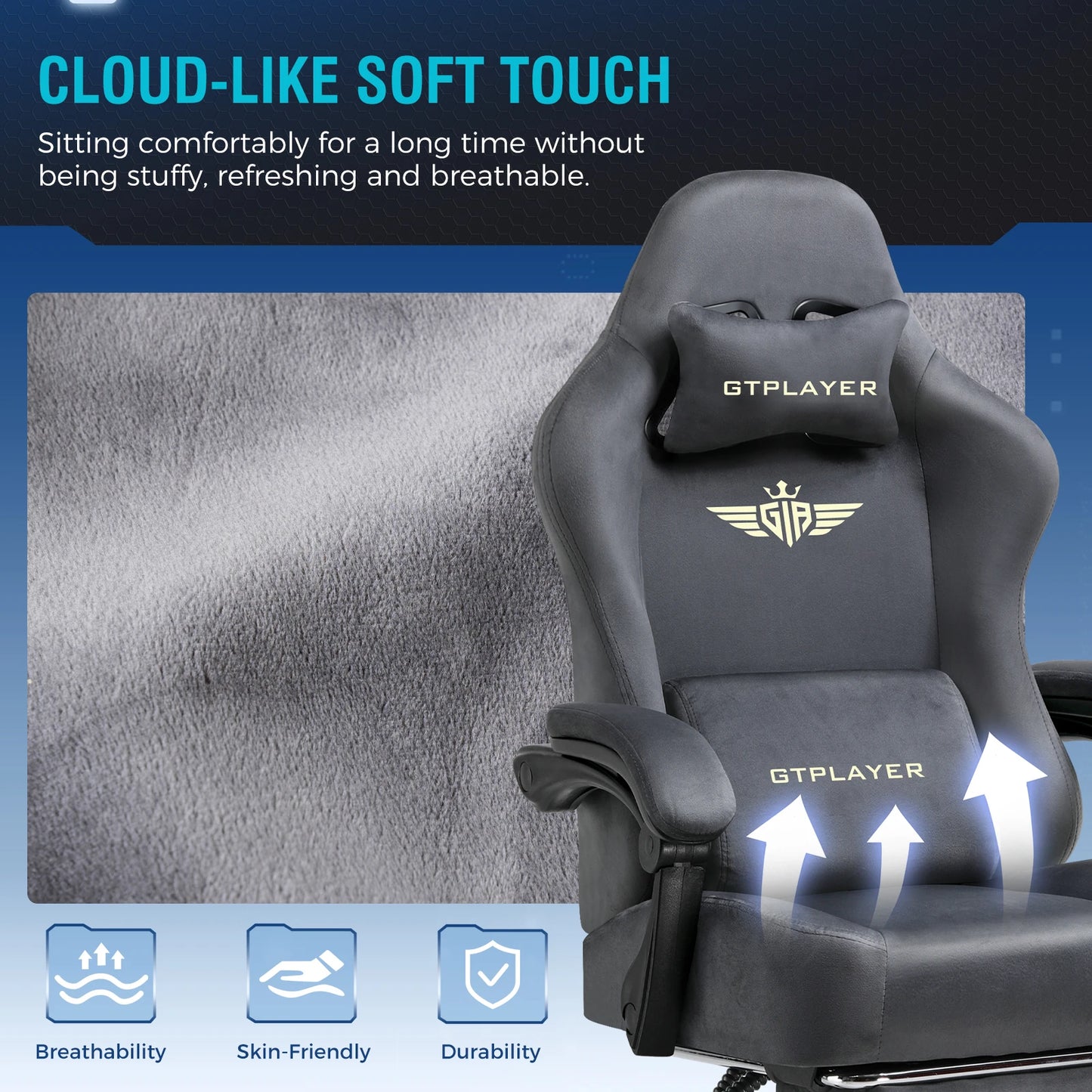 GTPLAYER Fabric Gaming Chair, Ergonomic Computer Chair with Footrest and Lumbar Support Height Adjustable Home Office Chair