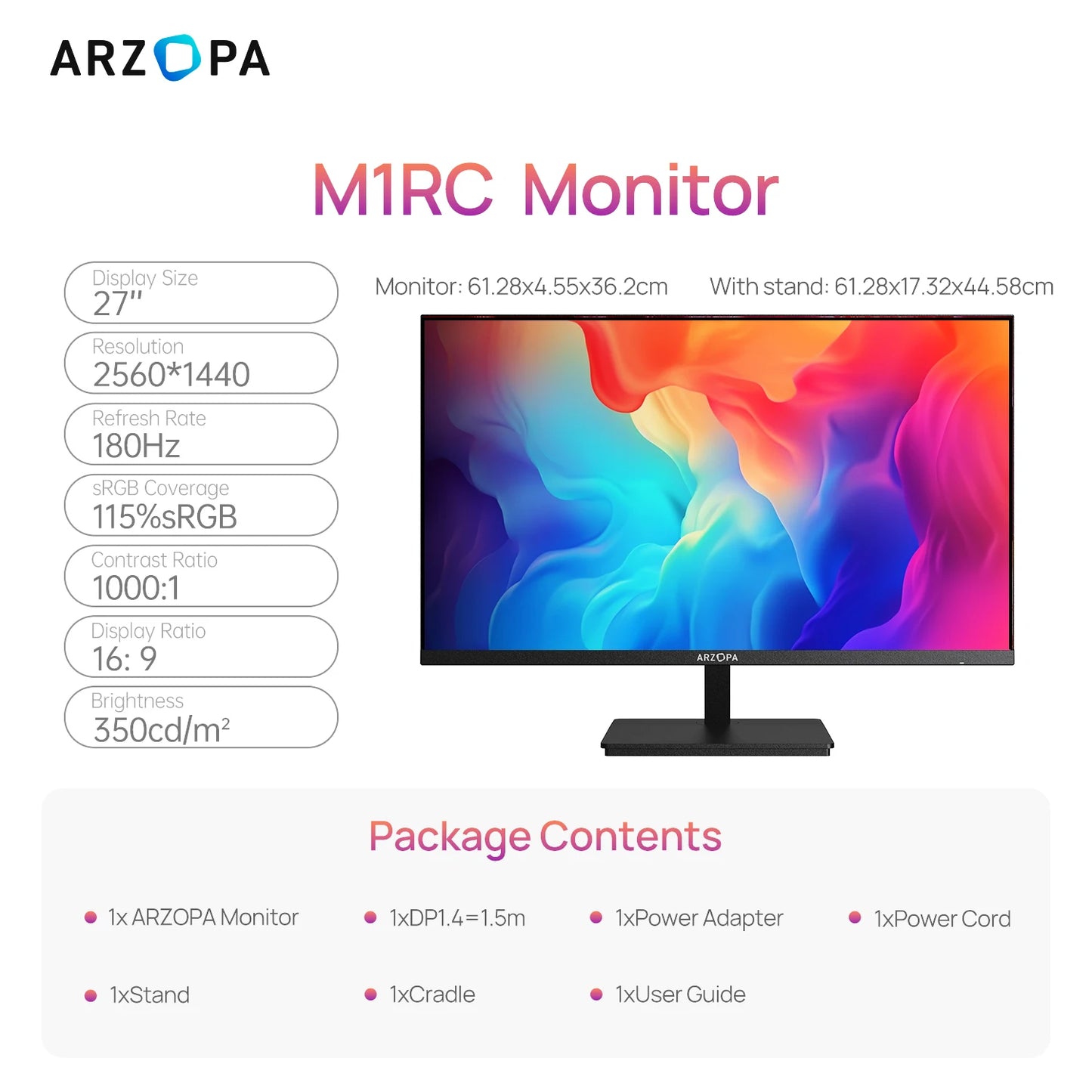New ARZOPA 27inch 180Hz 2K FastIPS QHD PC Monitor 1ms FreeSync Gaming monitor,M1RC